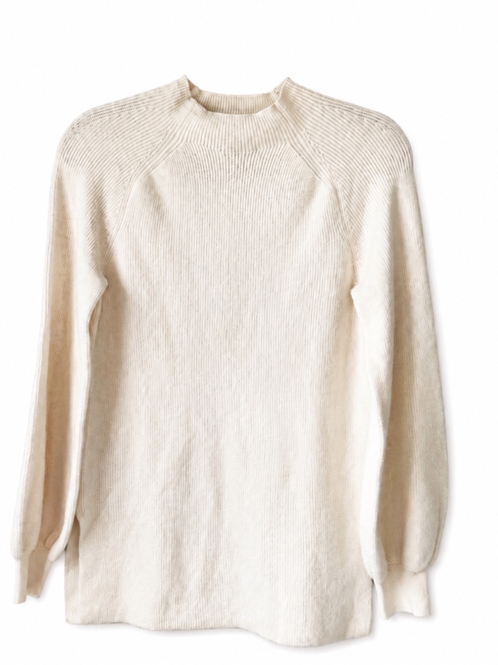 LOFT NWT Cream Ribbed Mock Neck Puff Sleeve Wool Blend Sweater Small